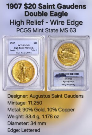 1907 $20 High Relief, Wire Edge PCGS MS63