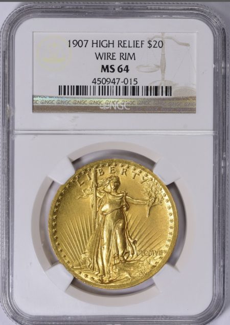 1907 $20 St Gaudens Double Eagle High Relief - Wire Rim NGC MS64