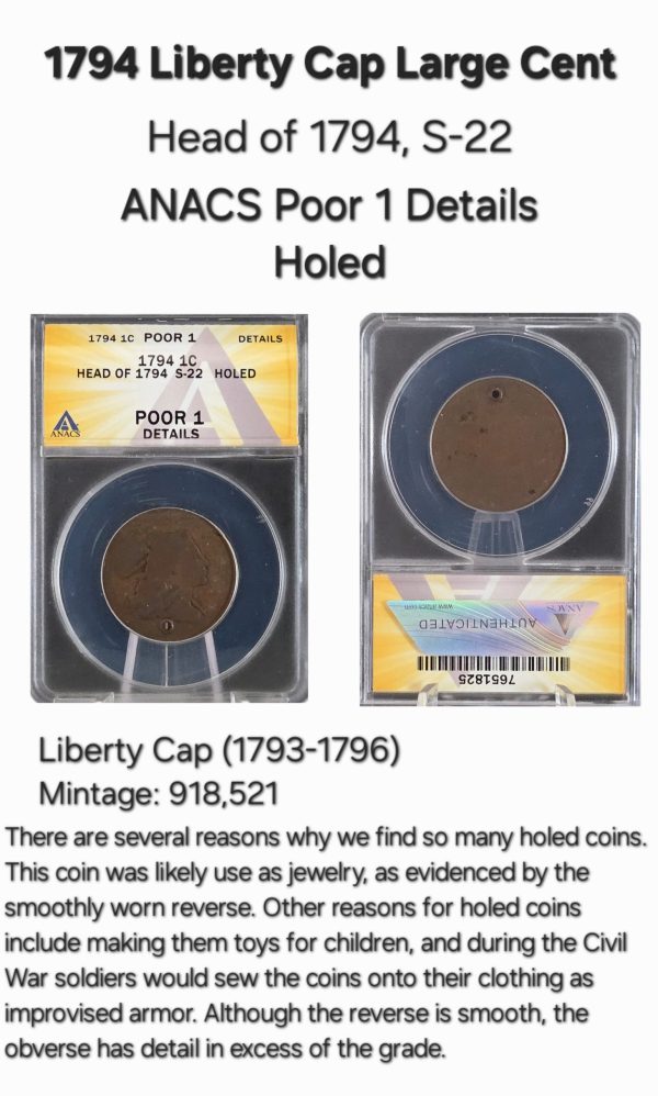 1794 1c Liberty Cap Large Cent, Head '94 S-22 ANACS P1 Details - Holed - Image 2