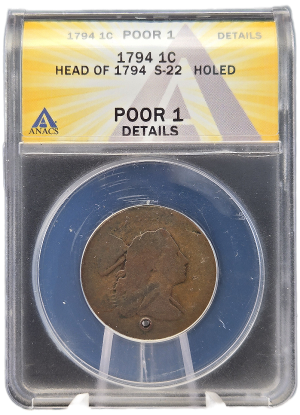 1794 1c Liberty Cap Large Cent, Head '94 S-22 ANACS P1 Details - Holed - Image 3