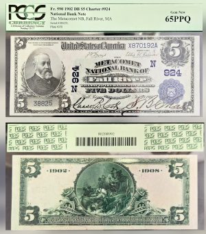 Fr 590 1902 DB $5 Charter #924 National Bank Note - Metacomet National Bank, Fall River, MA