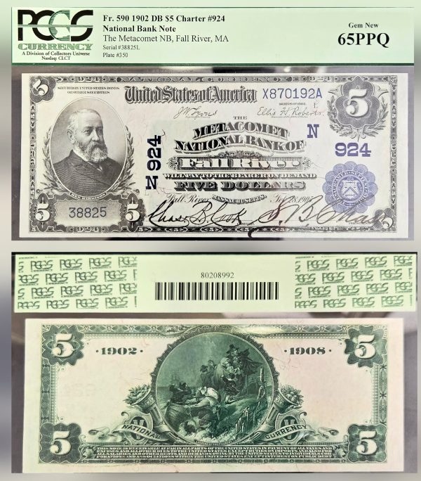 Fr 590 1902 DB $5 Charter #924 National Bank Note - Metacomet National Bank, Fall River, MA