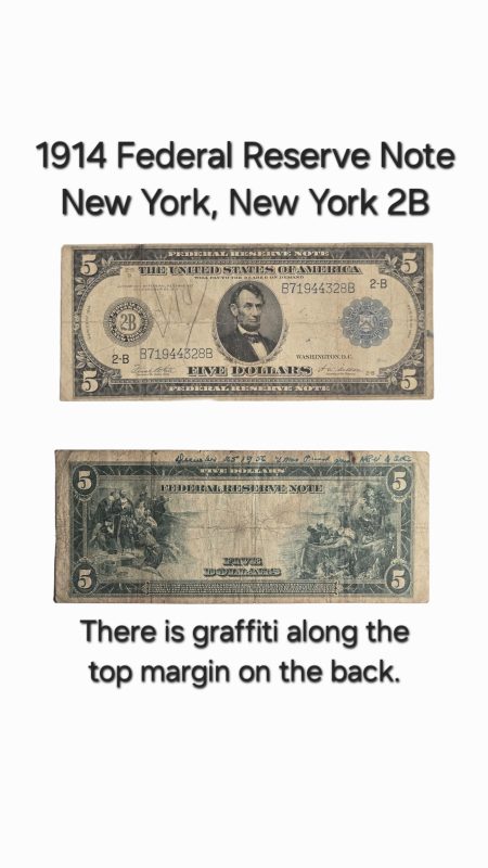 1914 $5 Federal Reserve Note, Blue Seal, New York - Unique "Christmas Gift" Inscription (Fr. #850)