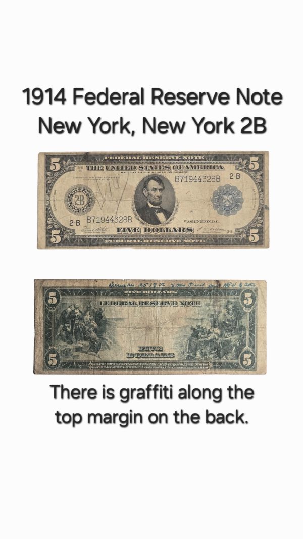 1914 $5 Federal Reserve Note, Blue Seal, New York - Unique "Christmas Gift" Inscription (Fr. #850)