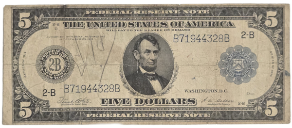 1914 $5 Federal Reserve Note, Blue Seal, New York - Unique "Christmas Gift" Inscription (Fr. #850)