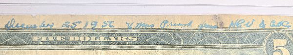 1914 $5 Federal Reserve Note, Blue Seal, New York - Unique "Christmas Gift" Inscription (Fr. #850)
