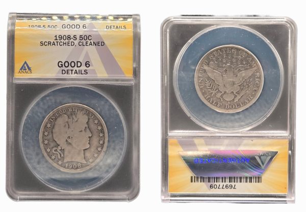 1908-S Barber Half Dollar ANACS Good 6 Details