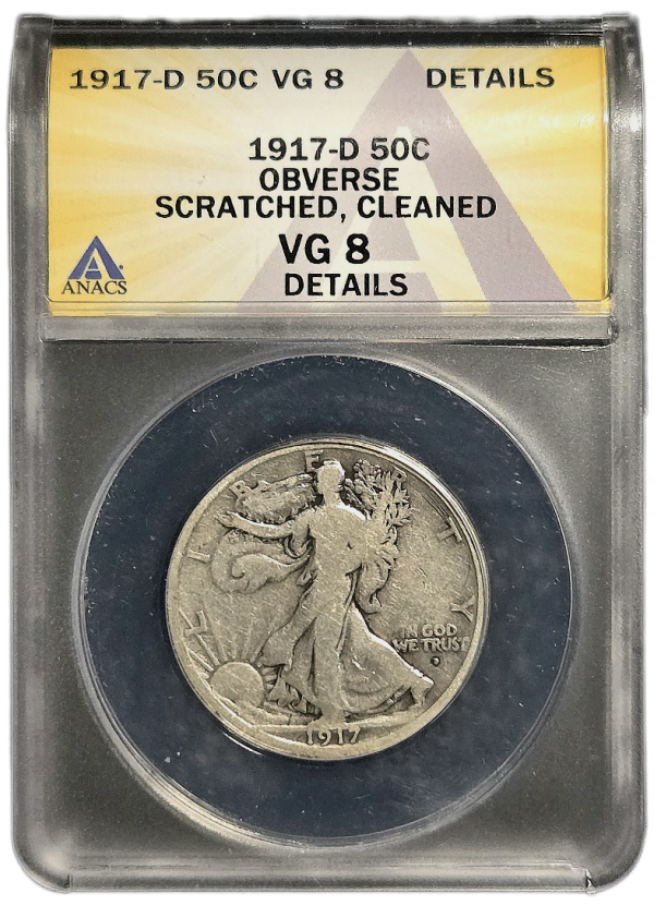 1917-D Walking Liberty Half Dollar, Obverse Mintmark ANACS VG8 Details